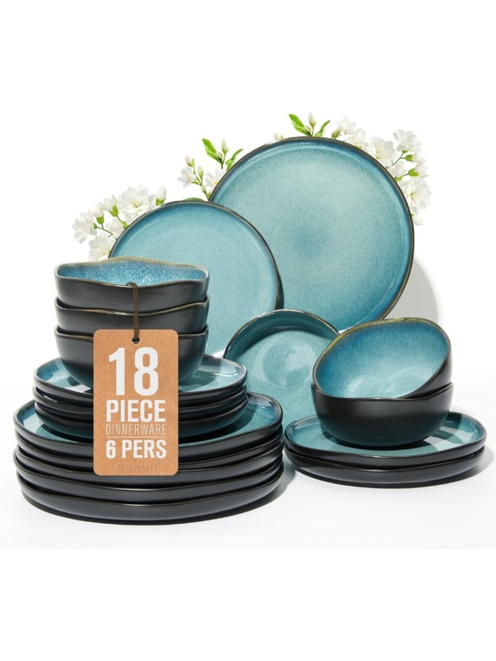 Elegant Stoneware Dinnerware Set for 6 - 18 Pcs Ceramic Plates & Bowls